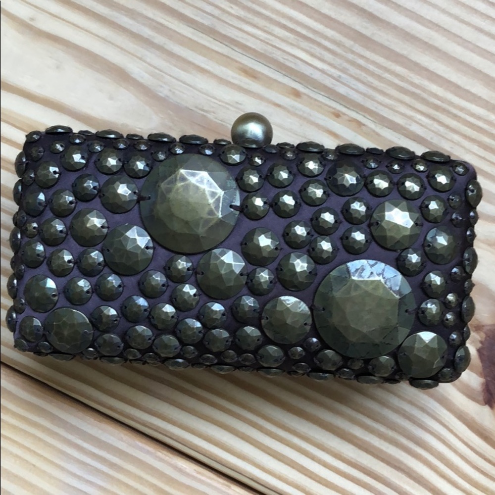 Clutch, brown satin with brass tone details